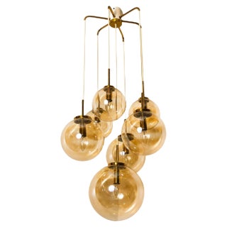 Brass Cascade with Seven Hand Blown Globes Ceiling Lamp from Glashütte Limburg For Sale