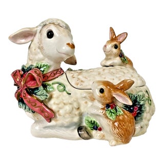Vintage MCM Fritz and Floyd Ceramic Sheep Decor Box W/ Lid For Sale
