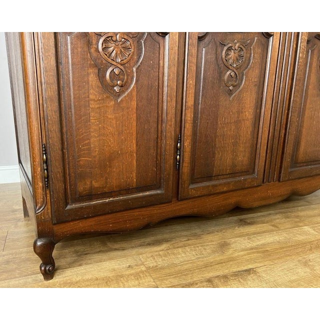 Brown Vintage French Louis XVI Style Carved Oak 4-Door Wardrobe For Sale - Image 8 of 13