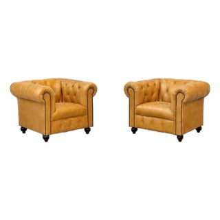 Pair of Custom Leather Gorgeous Tufted Caramel Chesterfield Club Chairs For Sale