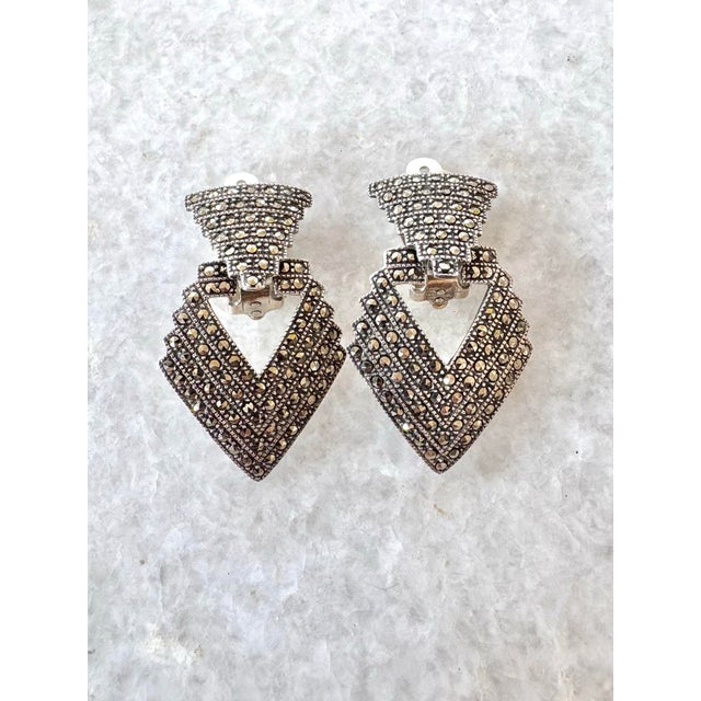 Vintage Art Deco Sterling Silver Marcasite Chevron Gatsby Hoop Earrings Door Knocker Clip On, A Pair For Sale - Image 4 of 5