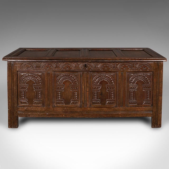 English 1700 Large Antique English Oak Coffer For Sale - Image 3 of 9