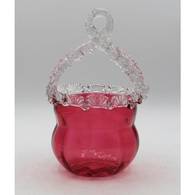 Circa 1880 English Cranberry Glass Bride's Basket With Clear Handle For Sale - Image 4 of 8