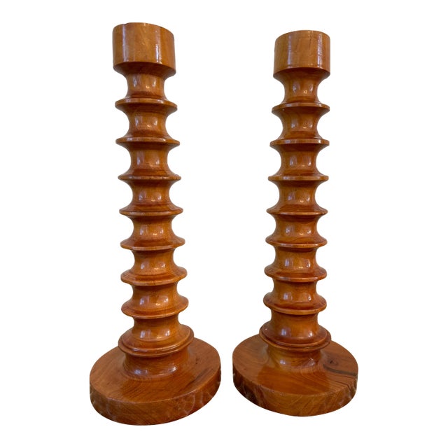 Vintage Handcarved 11” Walnut Modernist Candleholders -A Pair For Sale