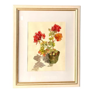 Late 20th Century Original Watercolor - Potted Red Geranium Plant, Framed For Sale
