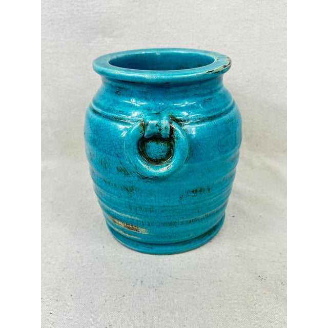 Turquoise Ceramic Crock With Handles For Sale In New Orleans - Image 6 of 8