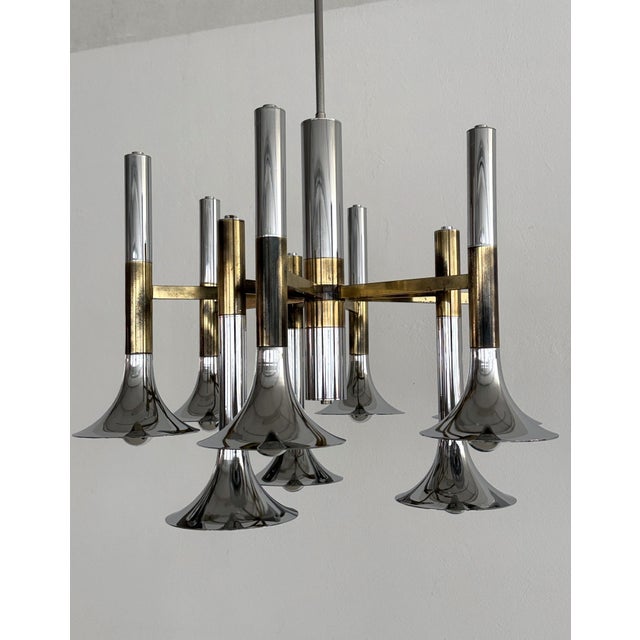 Large Italian Chrome and Brass Trumpet Chandelier attributed to Lumi Milano, 1970s For Sale - Image 13 of 18