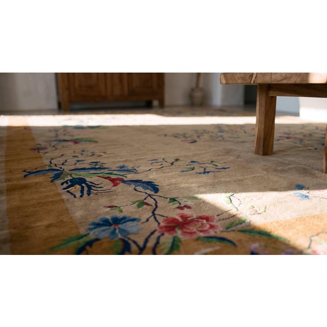 Beige Floral Antique Chinese Art Deco Rectangle Large 1920s Hand Knotted Rug For Sale - Image 14 of 15
