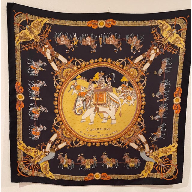 HERMÈS CARAPACONS 1960 Silk Scarf This scarf has a very interesting theme, the caparacon which is an ornamental blanket...