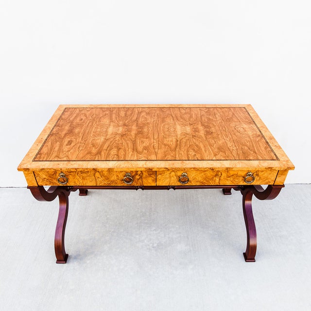 Restored Burl & Brass Vintage Regency Writing Desk by Baker For Sale - Image 10 of 15