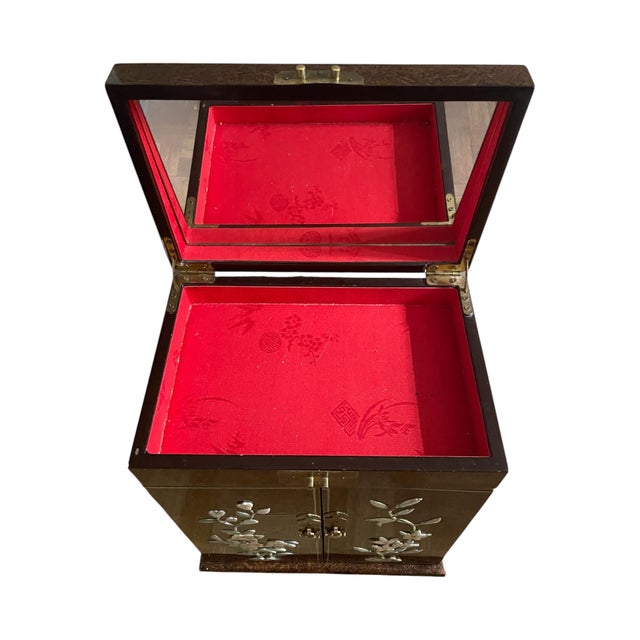 Brown Vintage Midcentury Chinoiserie Brown Lacquer Shell Inlay Jewelry Box Cabinet For Sale - Image 8 of 15