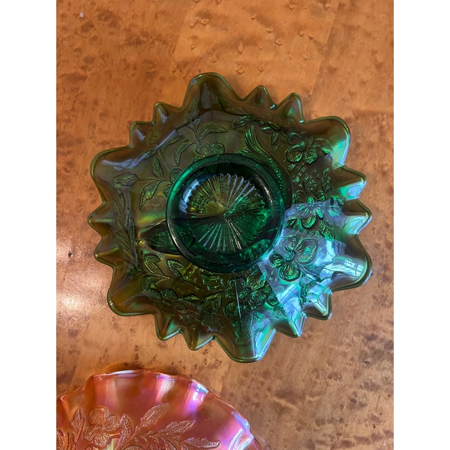 Antique Millersburg Trout & Fly Carnival Glass 3n1 Bowl, Radium Green and Marigold For Sale - Image 4 of 11