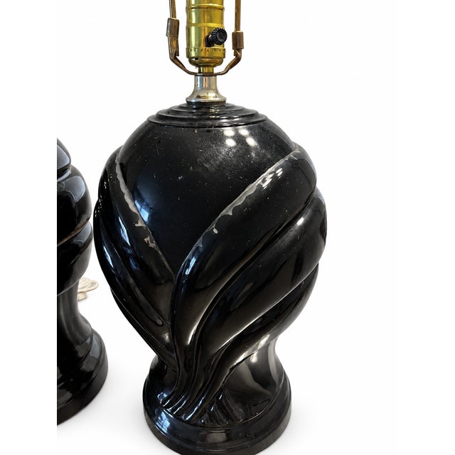 1980s Vintage 1980s Postmodern Black Glazed Ceramic Table Lamps — Pair For Sale - Image 5 of 9