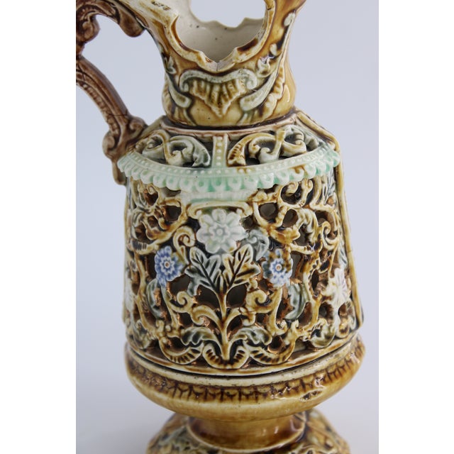 1900 - 1909 Antique Staffordshire Majolica Griffon Handle Ewer Reticulated Pitcher, England For Sale - Image 5 of 6