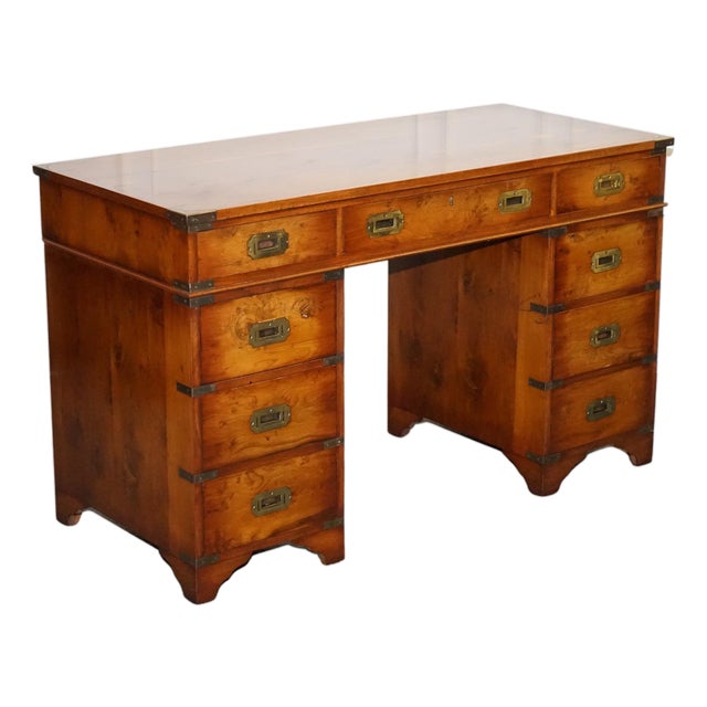 Vintage Military Campaign Twin Pedestal Desk in Yew Wood For Sale
