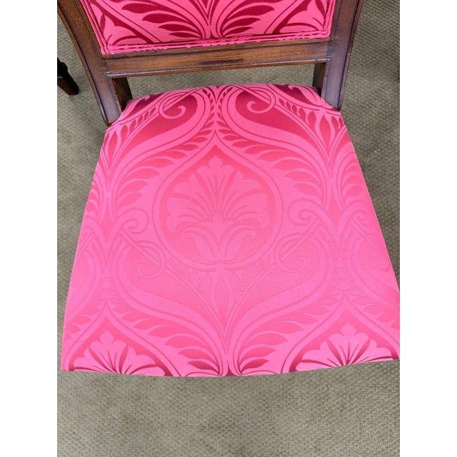 Ethan Allen Dining Table Set With 6 Red Damask Upholstered Chairs 7 Pc For Sale - Image 9 of 11