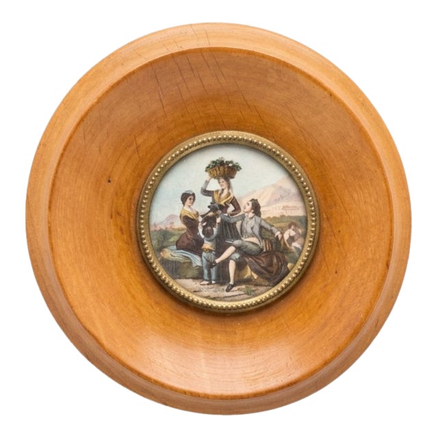Vintage Spanish Pastoral Wall Plaque, Wood Framed Medallion With Metal Inset, Figural Scene, 4.875" Round For Sale