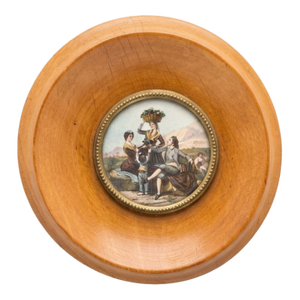 Vintage Spanish Pastoral Wall Plaque, Wood Framed Medallion With Metal Inset, Figural Scene, 4.875" Round