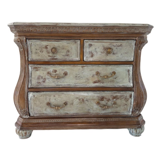 French Bombe Chest | Distressed Painted Wood Dresser | Louis XV Style For Sale