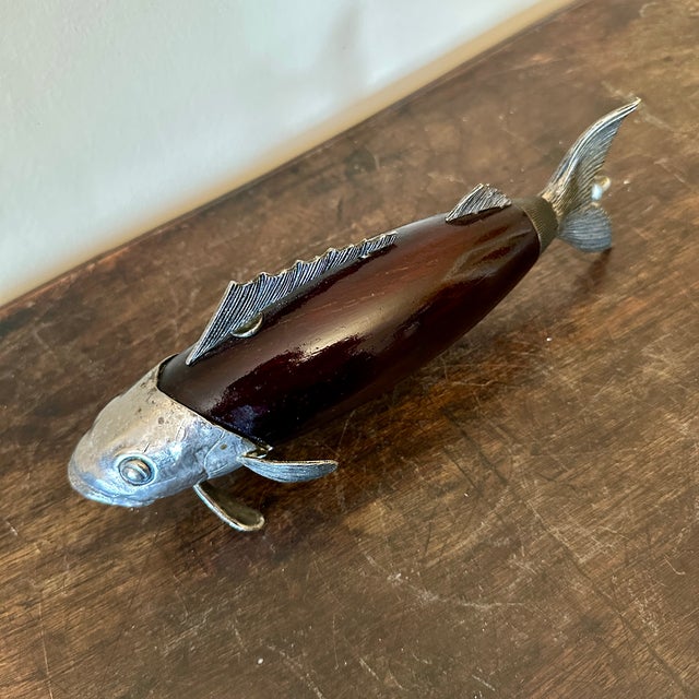 1980s Tre Spade Italy figural silver plate and wood fish peppermill. Identical design was produced for Gucci.