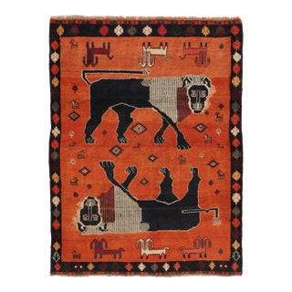 Vintage Persian Gabbeh Rug in Red With Twin Lion Pictorials - Rug & Kilim For Sale