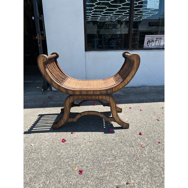 Boho chic vintage bench crafted in hardwood covered in Rattan and woven Reed in a dramatic Egyptian style.