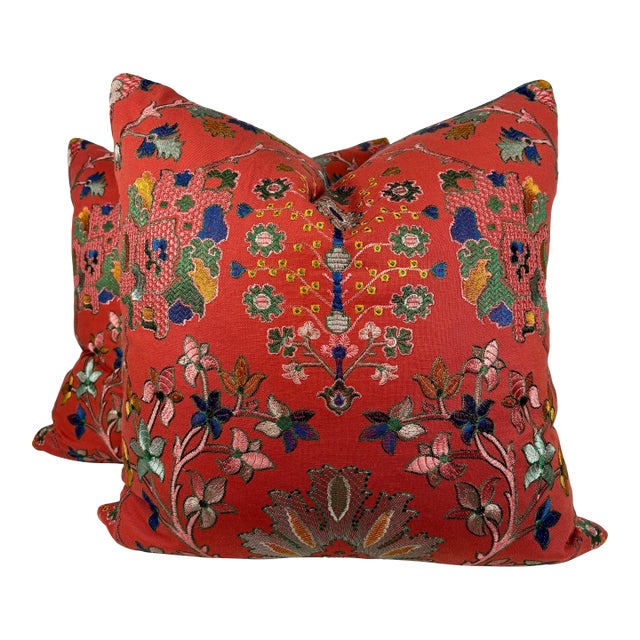 Ikat Embroidery Linen in Tomato 22" Pillows-a Pair For Sale