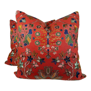 Ikat Embroidery Linen in Tomato 22" Pillows-a Pair