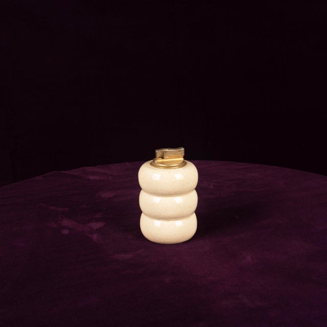 Cream Speckled Ceramic and Brass Table Lighter by Tommaso Barbi, 1970s For Sale - Image 6 of 15
