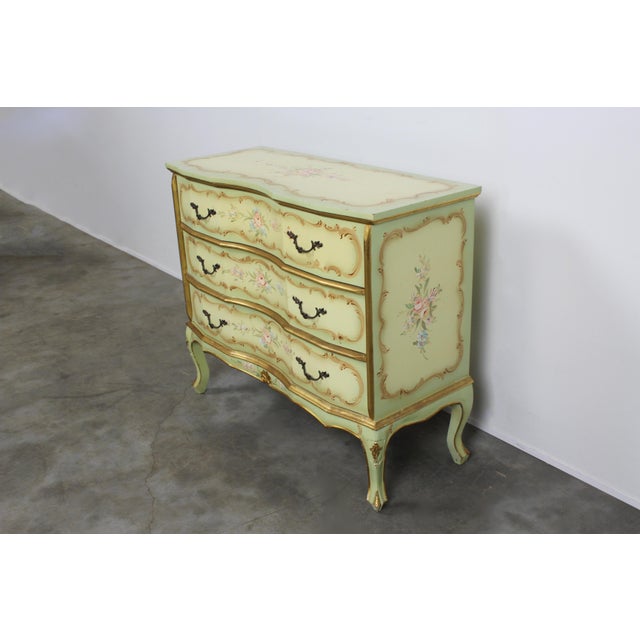 Venetian Baroque Green Lacquered Hand-Painted Floral Three-Drawer Chest, 1950s For Sale - Image 9 of 10
