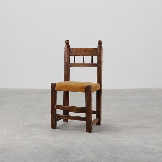 Spanish Hand-Carved Oak Side Chair with Velour Seat, 19th Century For Sale - Image 14 of 14