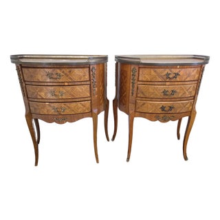 Late 20th Century Italian Louis XV–Style Parquetry Three-Drawer Nightstands by Fratelli Romanò — A Pair For Sale