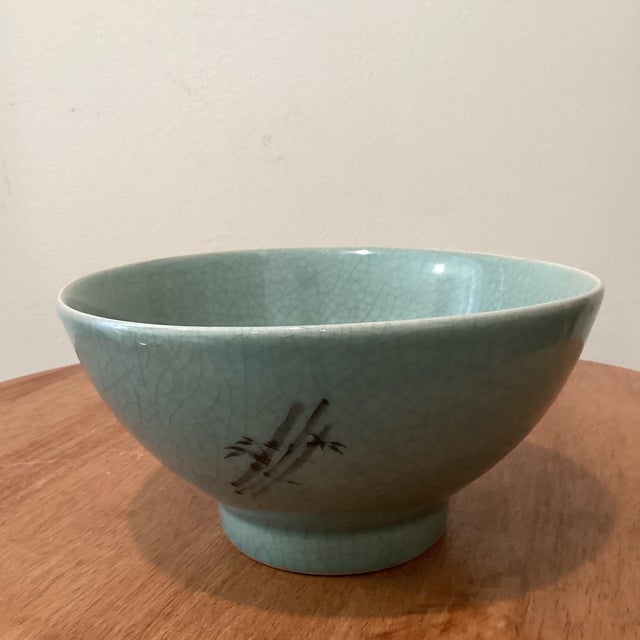 Asian Antique Vintage Korean Porcelain Crackle Celadon Glazed Bamboo Motif Matcha Tea Bowl (Chawan) For Sale - Image 3 of 12