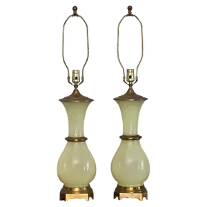 Mid 20th Century Paul Hansen Hollywood Regency Bronze Mounted Vaseline Glass Lamps, Pair