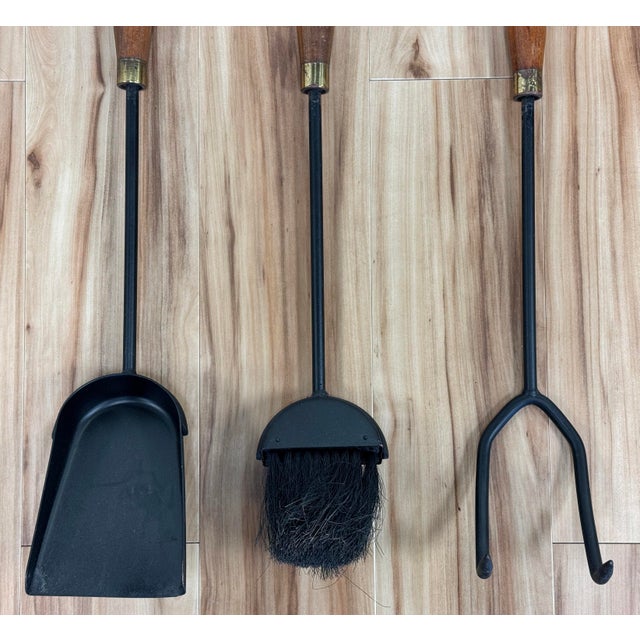Vintage MCM Teak and Iron Fireplace Tools on Stand For Sale - Image 9 of 9