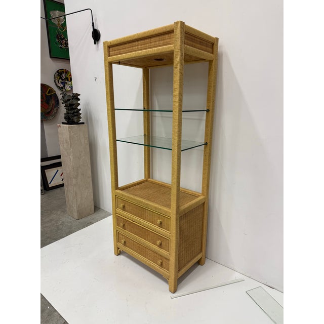 Tan Mid Century Henry Link Wicker Etagere With Storage For Sale - Image 8 of 12