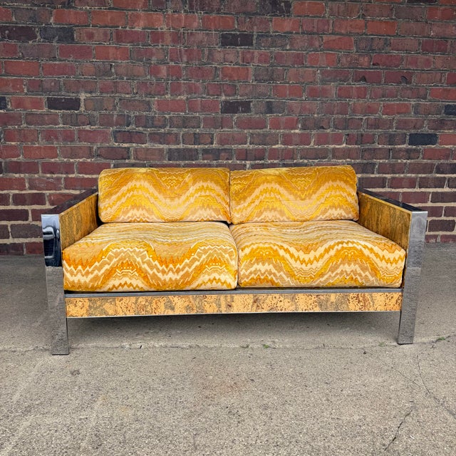 Adrian Pearsall loveseat for Craft Associates featuring an uncommon combination of polished chrome and cork-clad case...