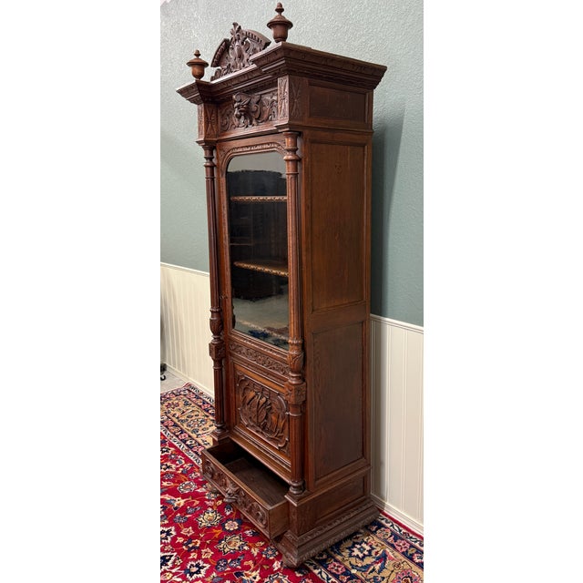 Antique French Renaissance Revival Scholars Bookcase Cabinet Carved Oak 19th C For Sale - Image 11 of 15