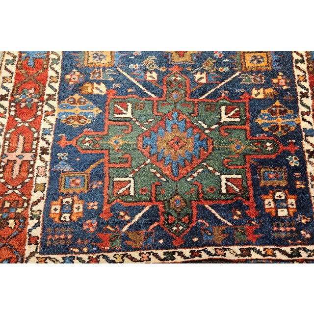 Vintage Persian Heriz Serapi Runner Rug, Hand-Knotted Wool, Geometric Medallion Pattern, Navy, 3x12 For Sale - Image 4 of 16