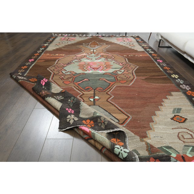 1970s 1970s Vintage Turkish Oushak Handmade Wool Cotton Brown Area Rug For Sale - Image 5 of 11