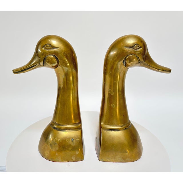 Metal Vintage Brass Duck Head Bookends Hollywood Regency Circa 1950 For Sale - Image 7 of 8