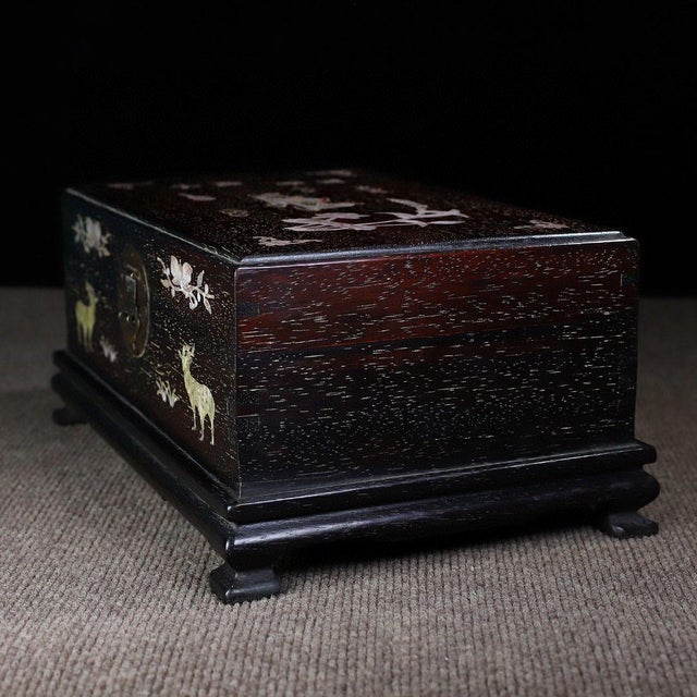 Dark Hardwood Storage Chest, Mother-of-Pearl Shell Inlay, Mandarin Ducks & Deer, Chinoiserie Decorative Treasure Box ## Dimensions For Sale - Image 10 of 10