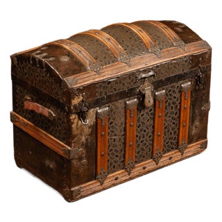 Antique Embossed Metal Dome Top Steamer Trunk For Sale