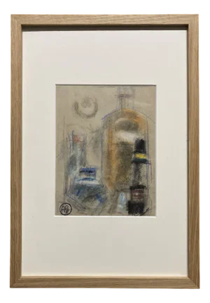 Alfred Gaspart, The Bottles, Drawing in Pencil and Oil Pastel, 1960s, Framed