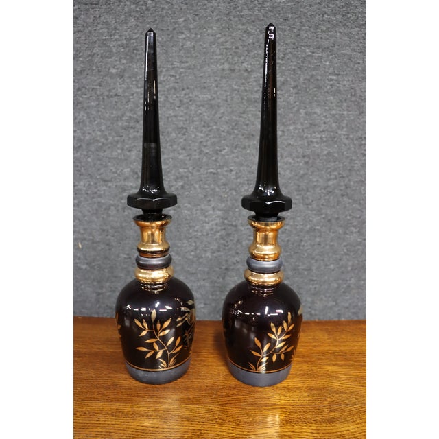 Early 20th Century Royal Purple Art Glass Decanters With Gold Horse Overlay - Pair For Sale - Image 10 of 14