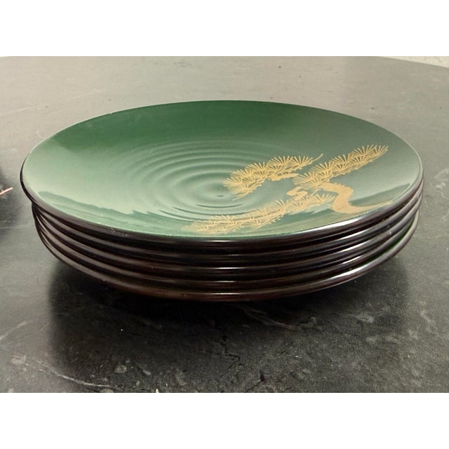Japanese Green Lacquerware Plates + Bowl, Set of Five For Sale In San Francisco - Image 6 of 12