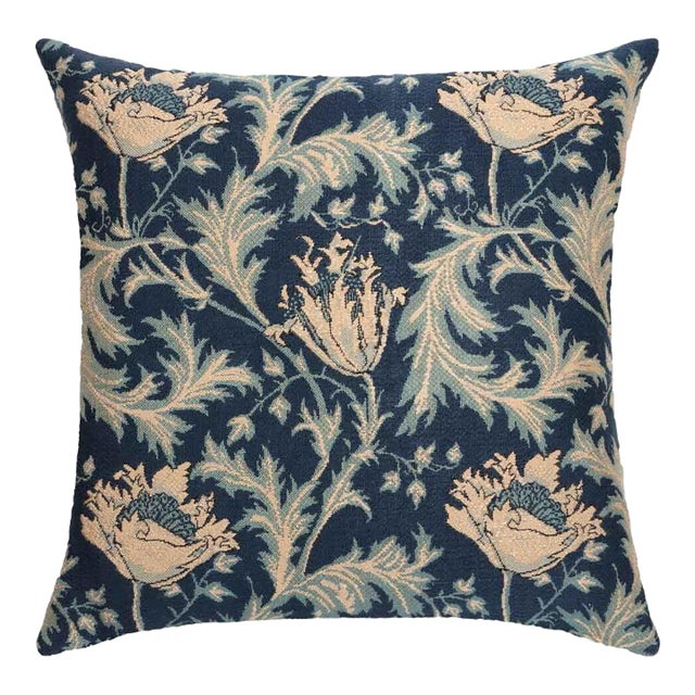 Morris Anemone Blue Silver Tapestry Cushion With Feather Filler - 55 X 55cm For Sale