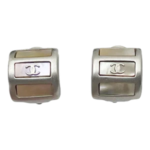 Vintage Chanel Silver CC Baguette Mother of Pearl Clip on Earrings - 2 Pieces