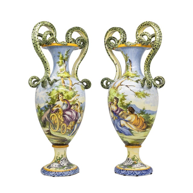 Pair of Italian Maiolica Vases, of baluster form, with polychrome Renaissance style deceptions, on pedestal bases, with...