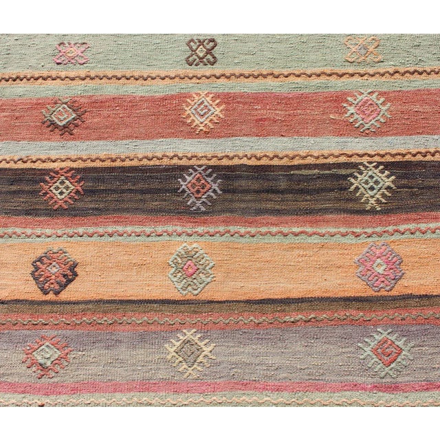 Colorful Vintage Embroidered Kilim Runner With Stripe's and Geometric Prints For Sale - Image 9 of 13